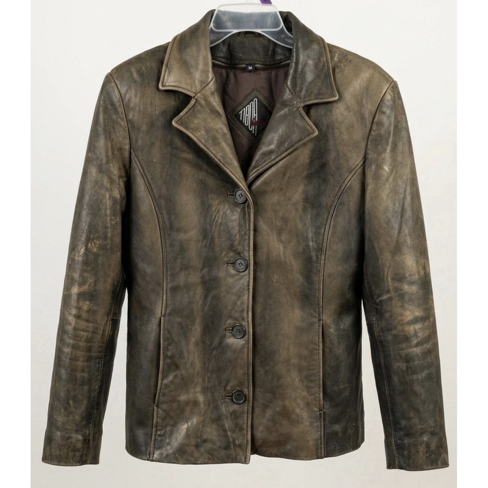 Vintage Tiboa Leathers Distressed Brown Sz M Leather Button Up Jacket w/Lining
